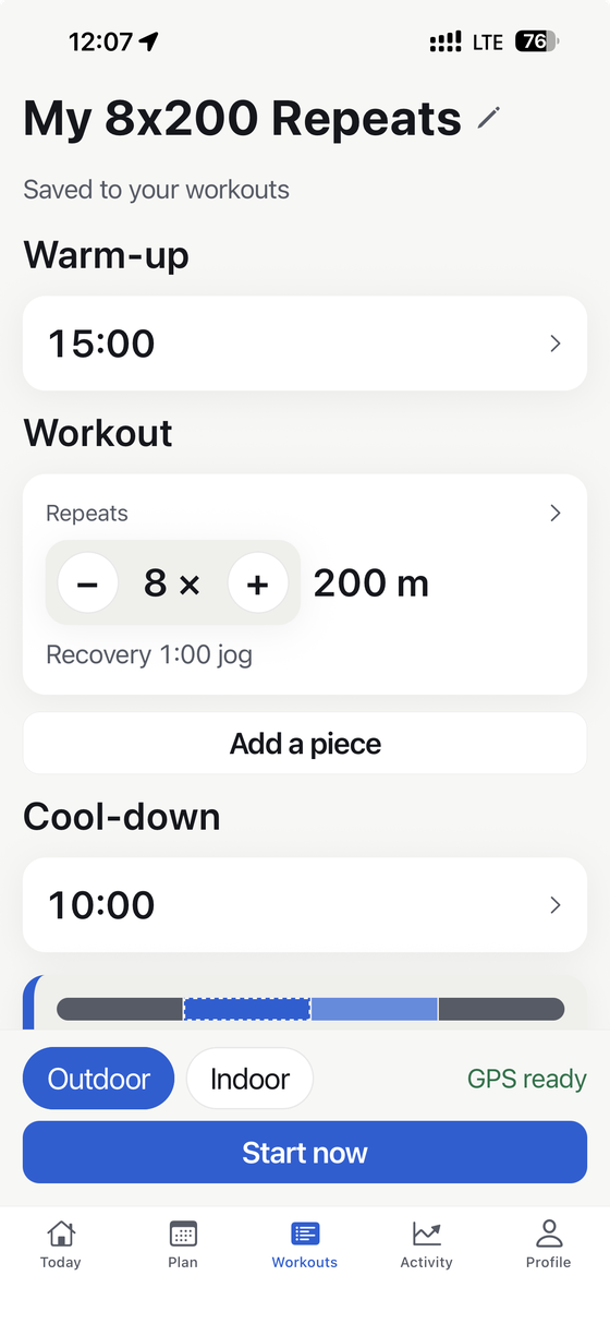 Volata workout builder showing a custom 8x200m repeats session