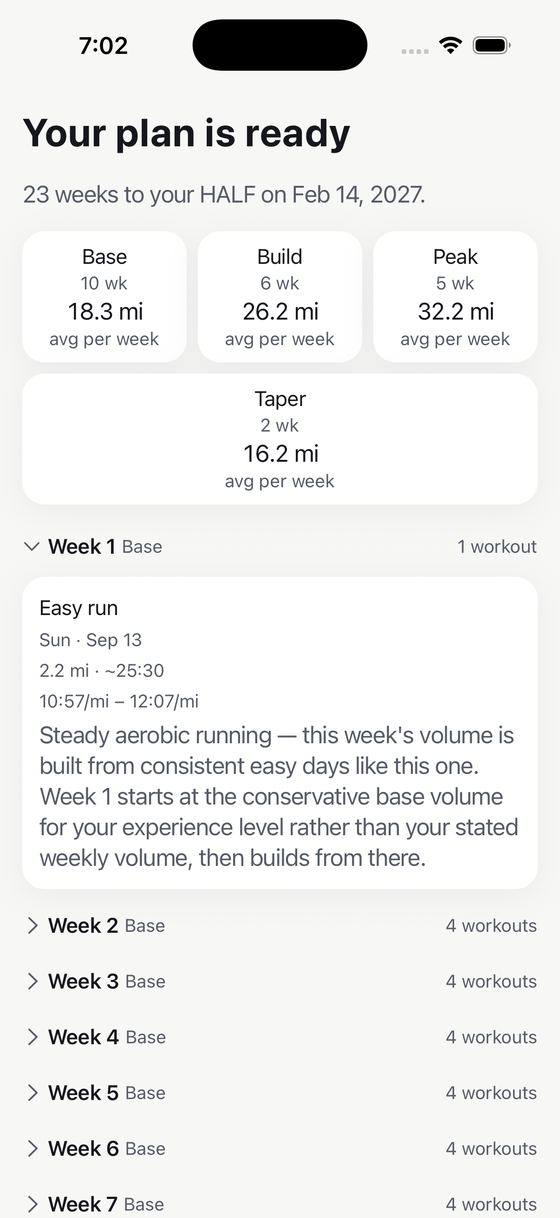 Volata plan screen showing a half-marathon plan with weekly workouts