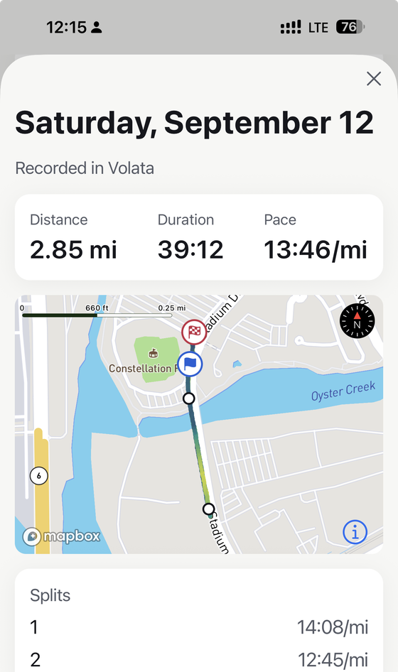 A run recorded in Volata showing the route on a map with distance, pace and splits